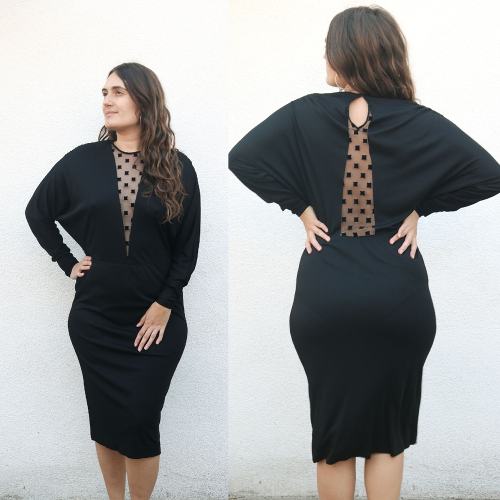 Vintage 1970s French Black Deep Cut Dress by Fiorella Paris / Velvet Polka Dots
